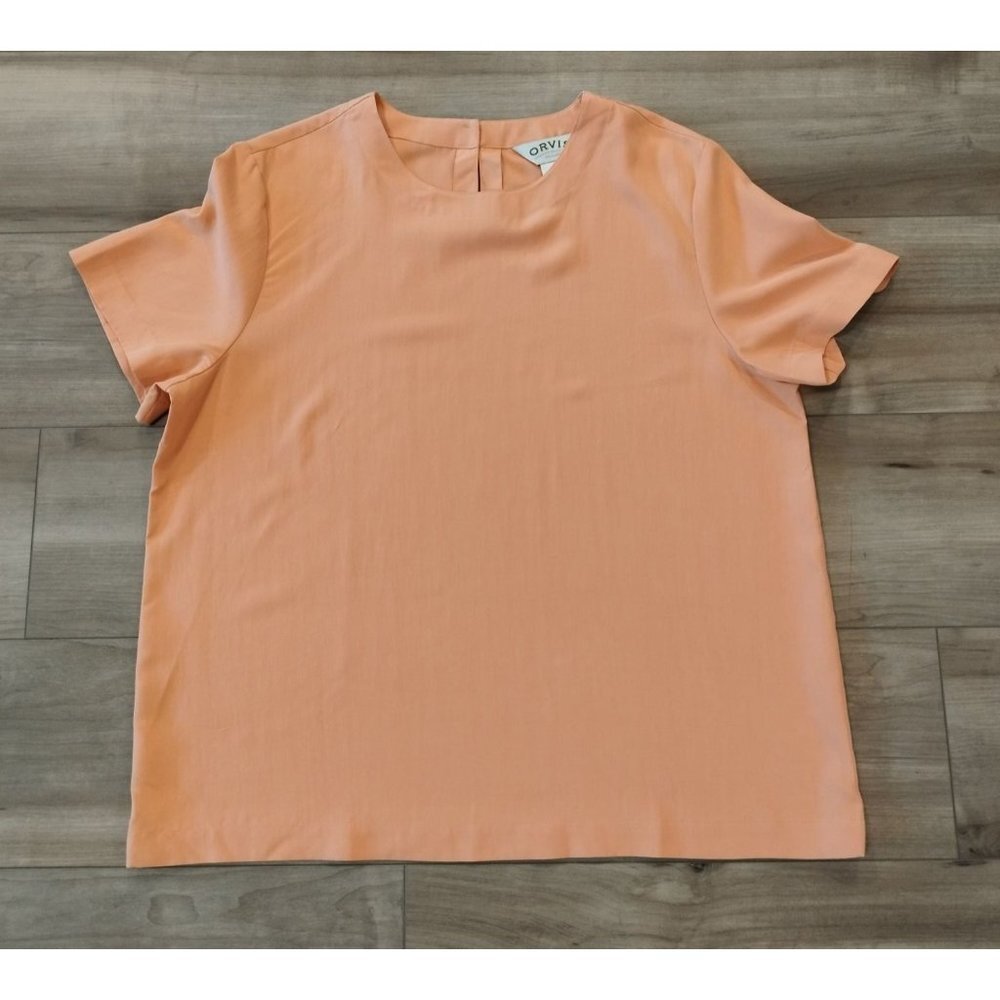 ORVIS 100% silk orange performance short sleeve woman's blouse Size L